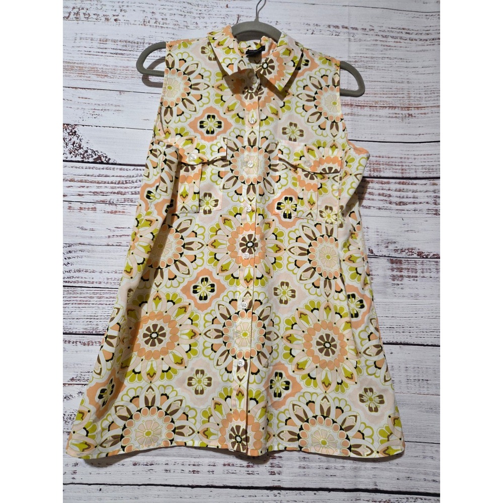 Ann Taylor Womens Large Sleeveless Button Down Blouse Geometric Mandala Chiffon